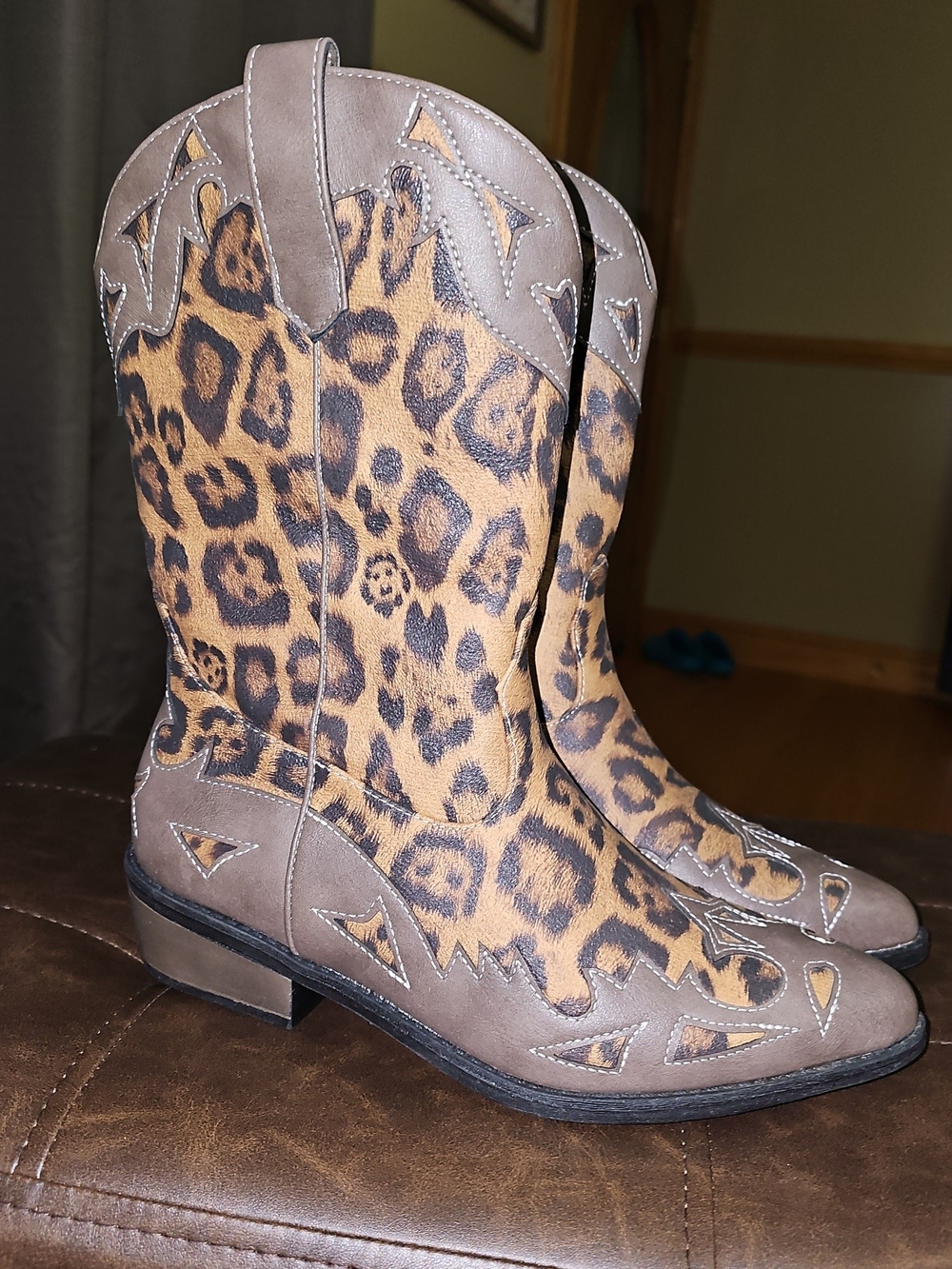 Western Leopard-Print Mid-Calf Boots - Brown